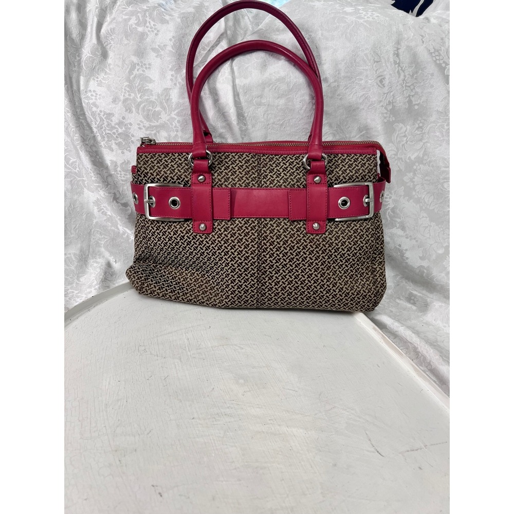 Tommy Hilfiger Monogram Jacquard Satchel Bag Pink Trim Brown Tan Buckle Detail
